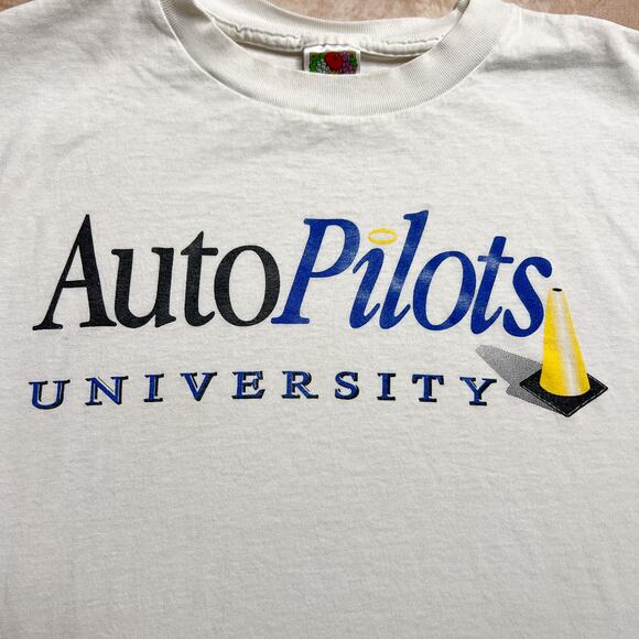 Vintage 90s Auto Pilots University Novelty Print T-Shirt Funny Fruit of the Loom - Picture 2 of 8